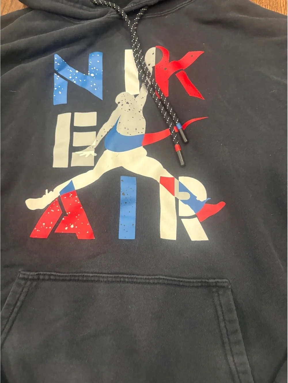 Nike air Jordan Black Hoodie with Red, White, and Blue Nike Air Logo - Medium